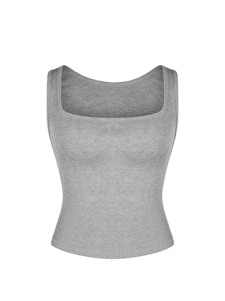 Shop Lily True Comfort Luxe Lounge Top in grey, ribbed square neck lounge tank top – product shot on a plain background