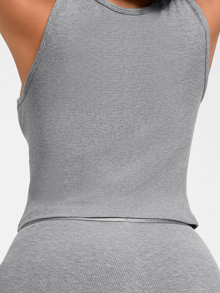 True Comfort Luxe Lounge Top in grey – close-up of the ribbed fabric