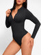 Long Sleeve Zip Up Thong Bodysuit - Black
