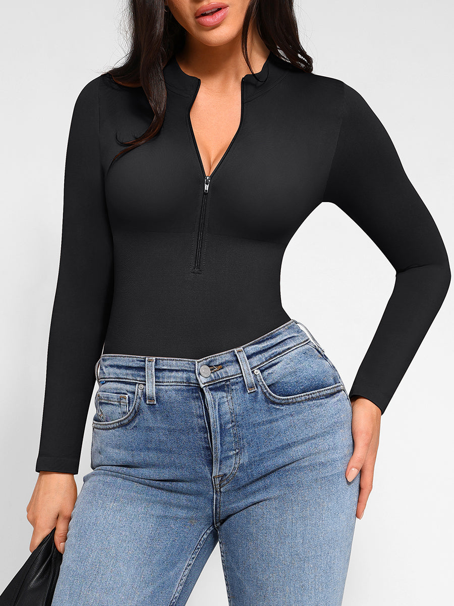 Long Sleeve Zip Up Thong Bodysuit in black – styled with jeans