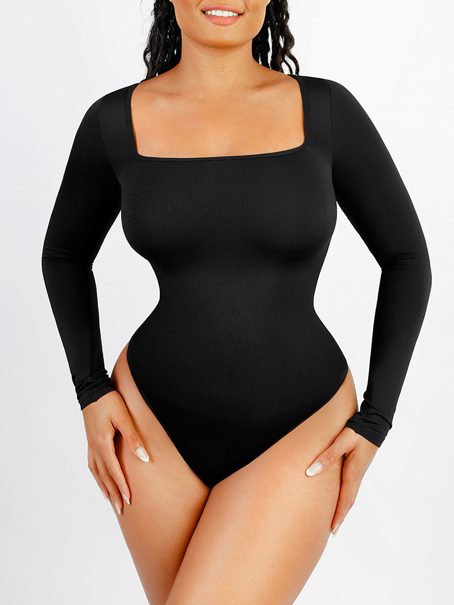 Shop Lily Long Sleeve Square Neck Bodysuit in black, long sleeve square neck bodysuit – front view