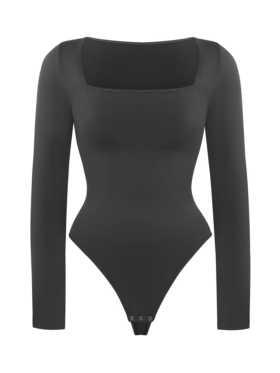 Long Sleeve Square Neck Bodysuit in black – product shot on a plain background