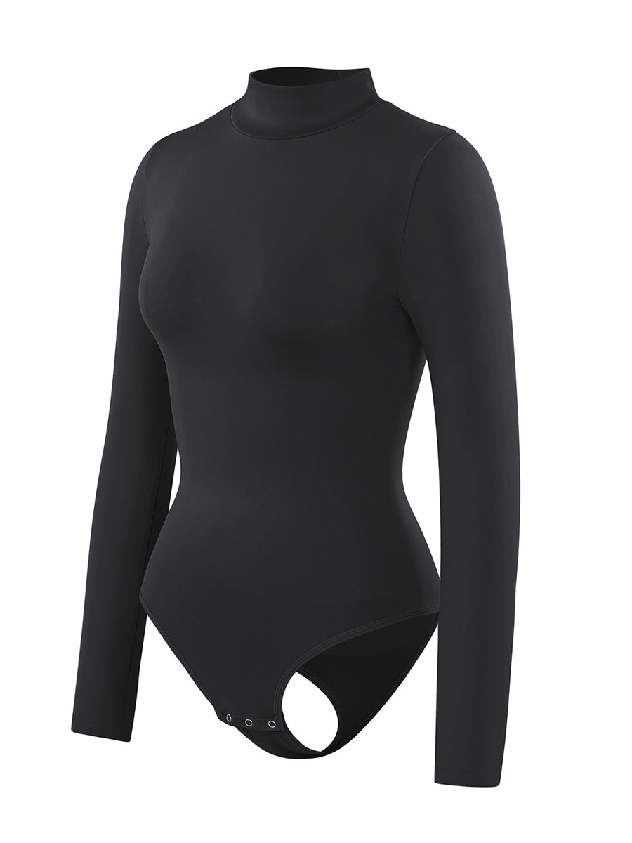 Long Sleeve Turtle Neck Bodysuit in black – close-up of the snap closure