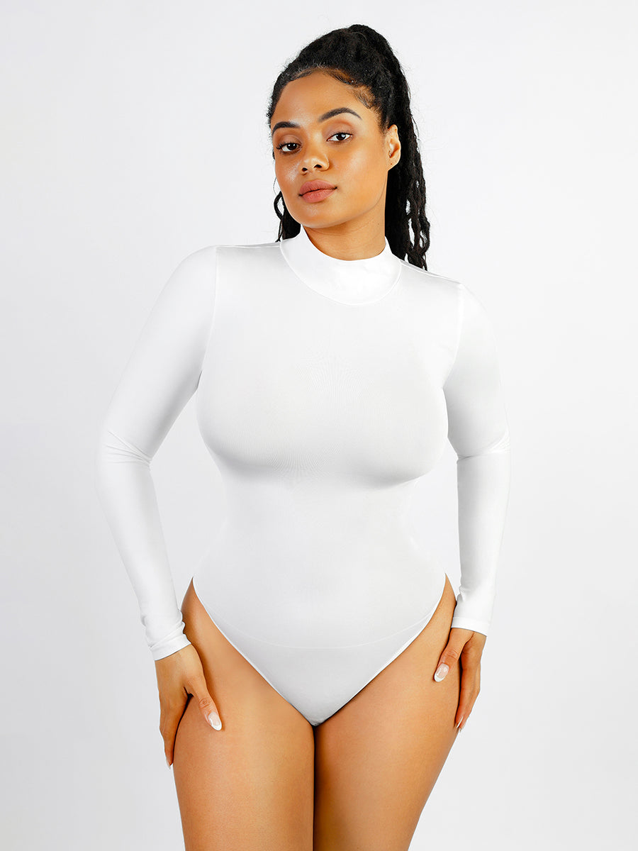 Long Sleeve Turtle Neck Bodysuit in white – alternate front view