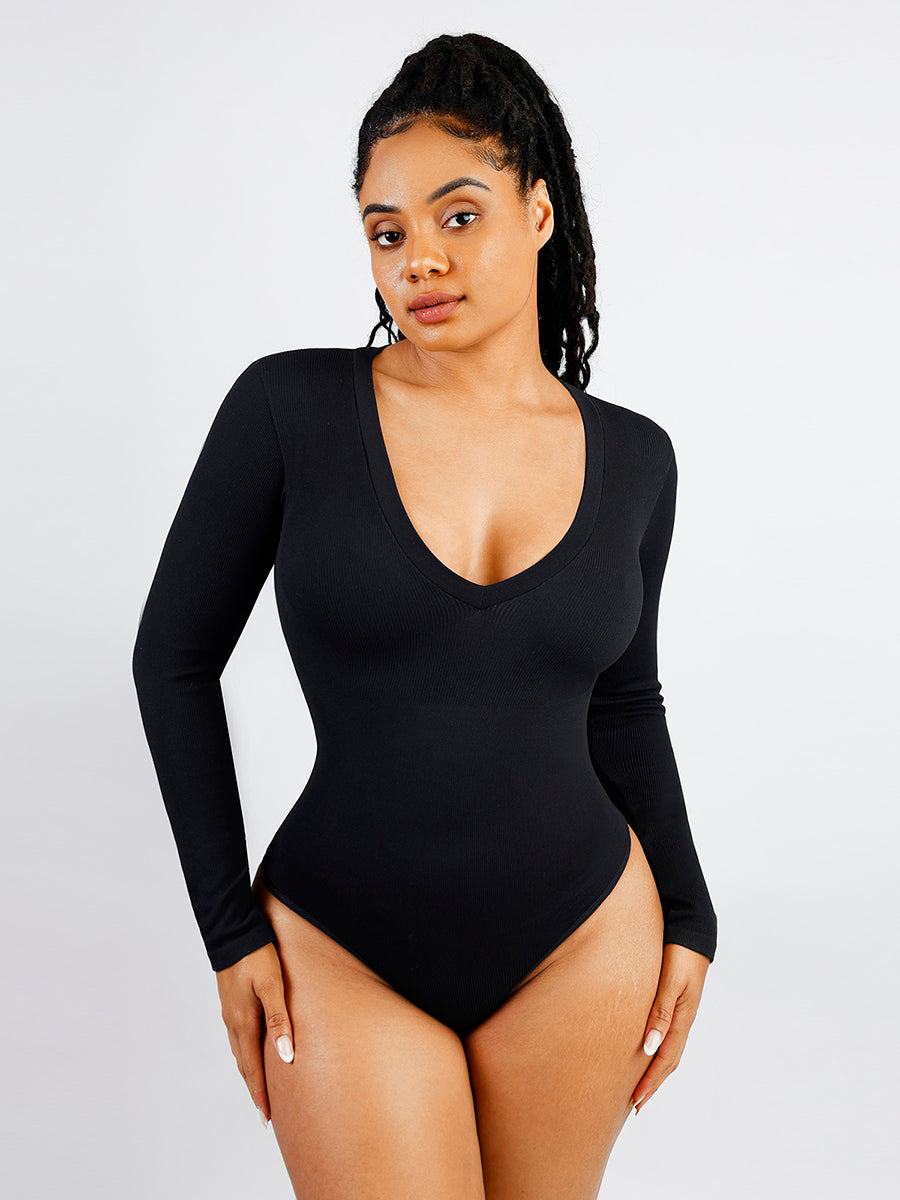 Shop Lily Long Sleeve Ribbed V Neck Bodysuit in black, ribbed long sleeve V-neck bodysuit – front view