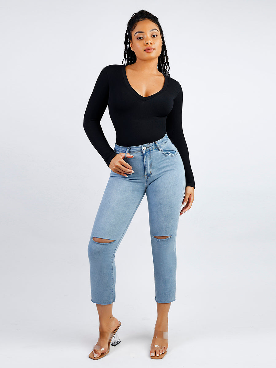 Long Sleeve Ribbed V Neck Bodysuit in black – styled with light-wash jeans