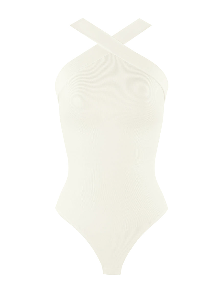 Ribbed Halter Neck Bodysuit in white – product shot on a plain background