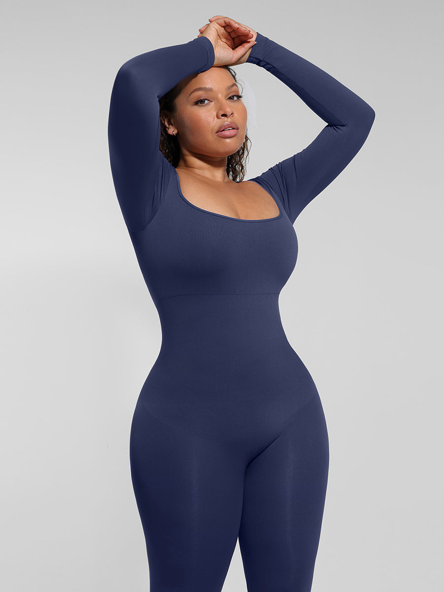 All Day Long Sleeve Flare Jumpsuit in blue – front view