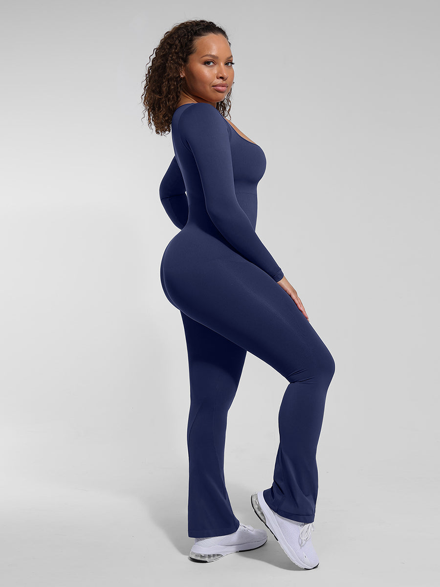 All Day Long Sleeve Flare Jumpsuit in blue – full-length back view