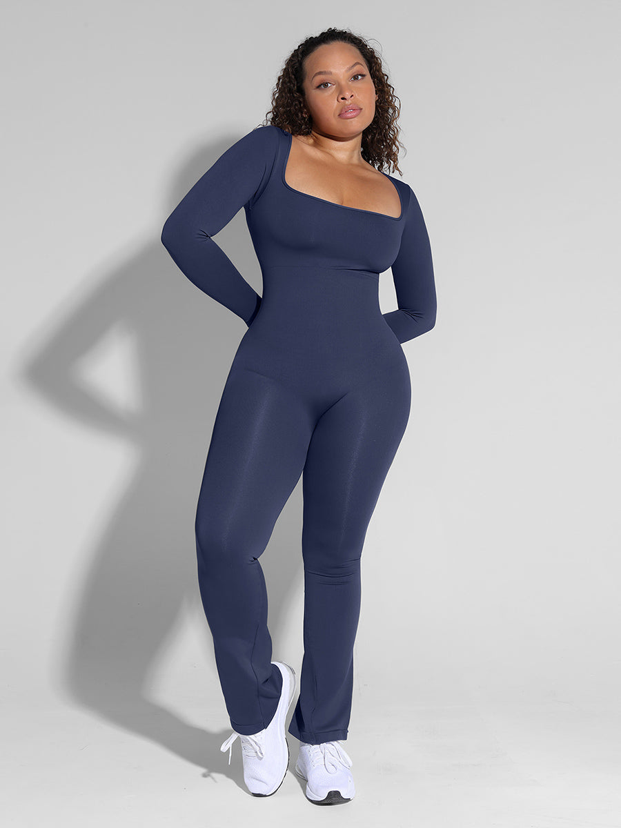 All Day Long Sleeve Flare Jumpsuit in blue – alternate full-length front view