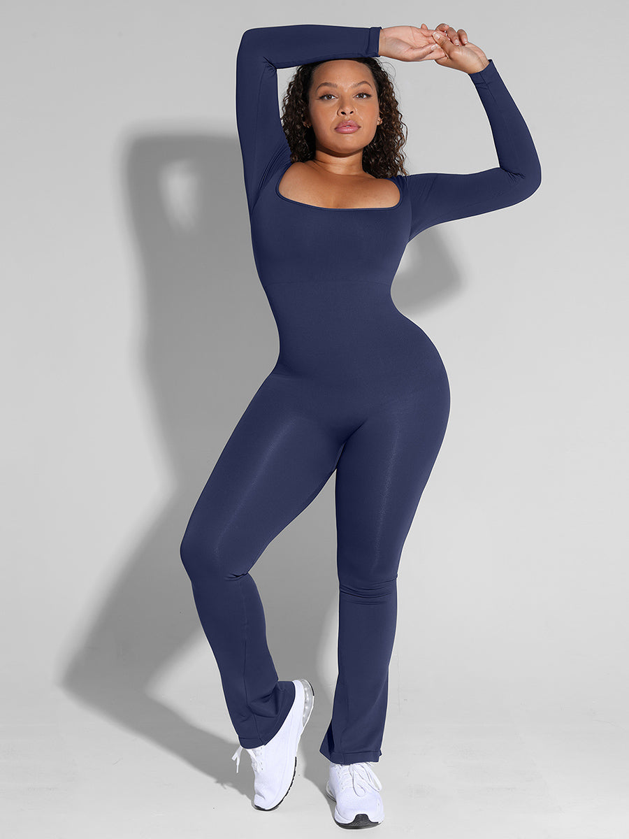 Shop Lily All Day Long Sleeve Flare Jumpsuit in blue, long sleeve square neck flare jumpsuit – full-length front view