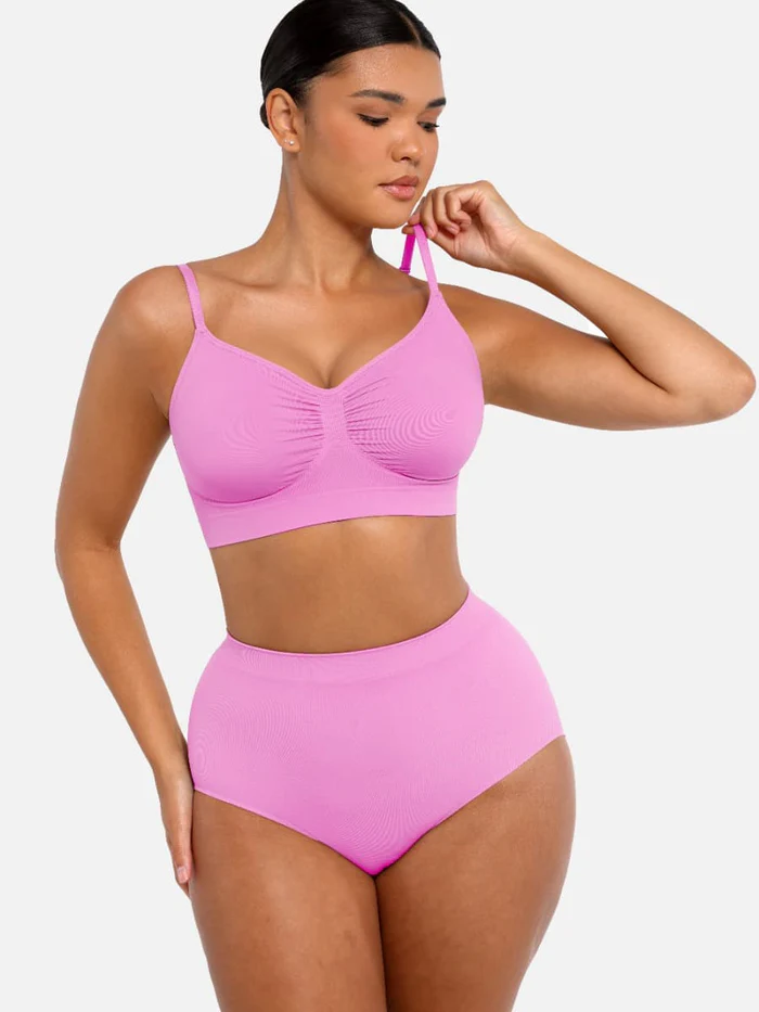 High Waisted Classic Shaping Panties in pink – worn with a matching bra