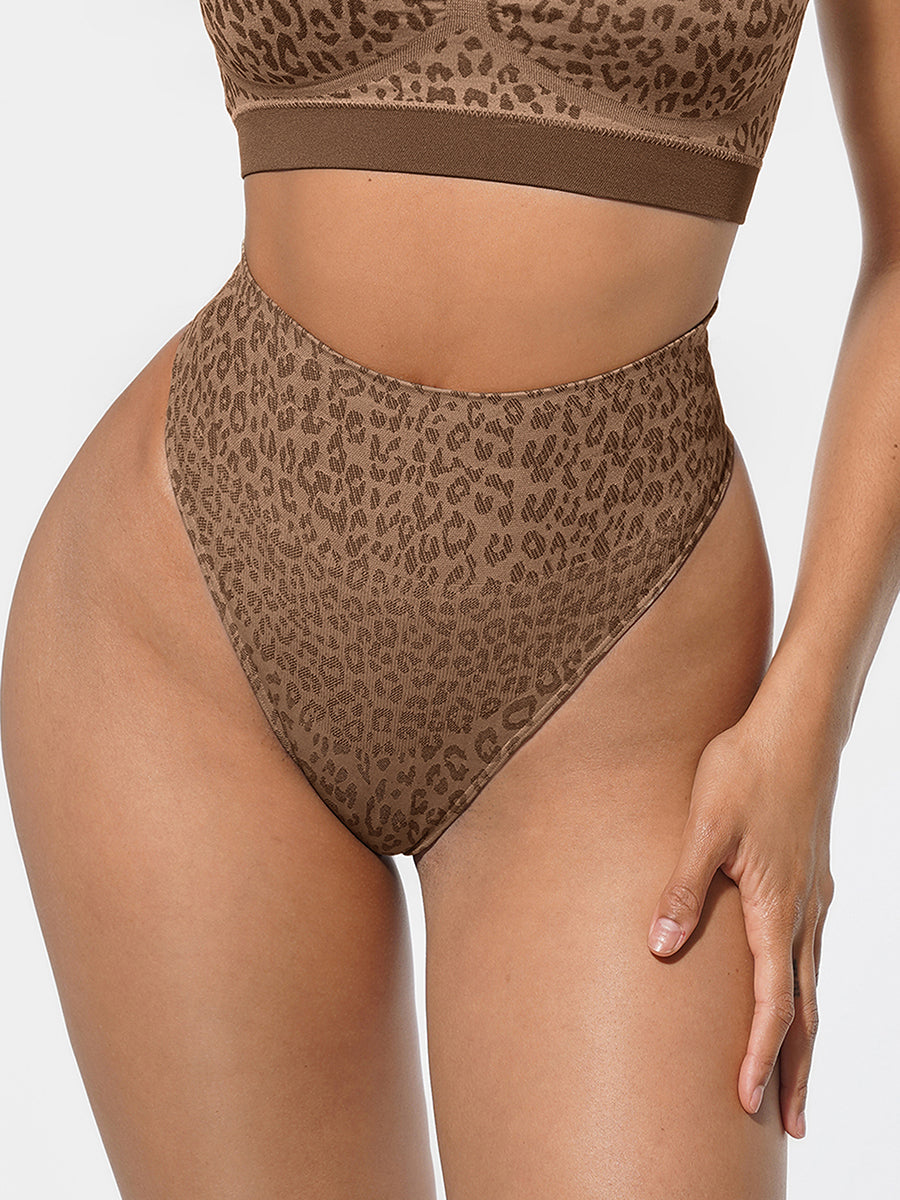 Shop Lily Everyday Shaping Thong Panties in leopard print, high-waisted shaping thong – front view