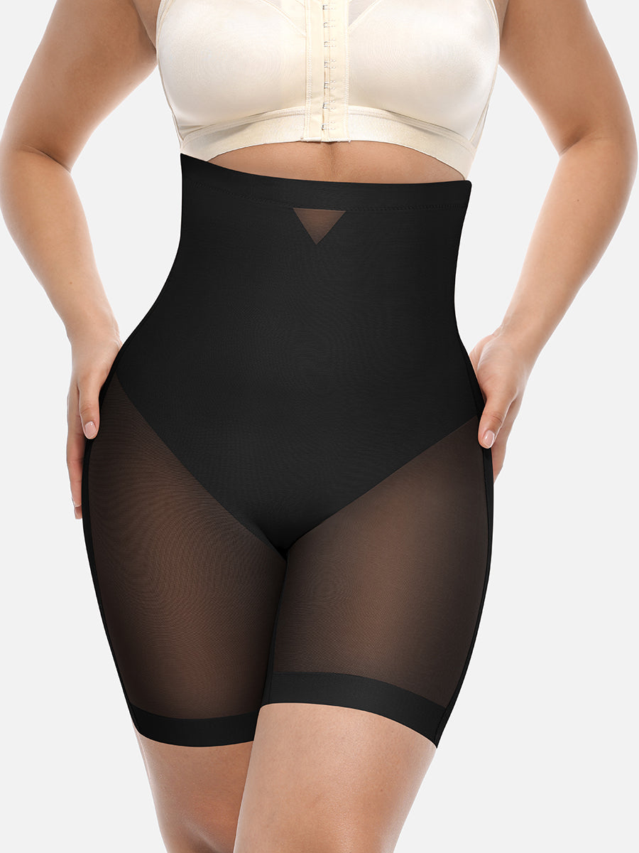 Shop Lily Power Silhouette Shaping Shorts in black, high-waisted butt-lifting shaping shorts – front view