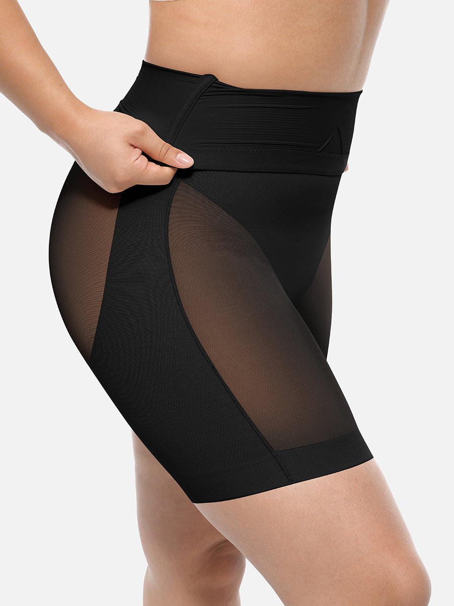 Power Silhouette Shaping Shorts in black – close-up of the stretch of the high-rise waistband
