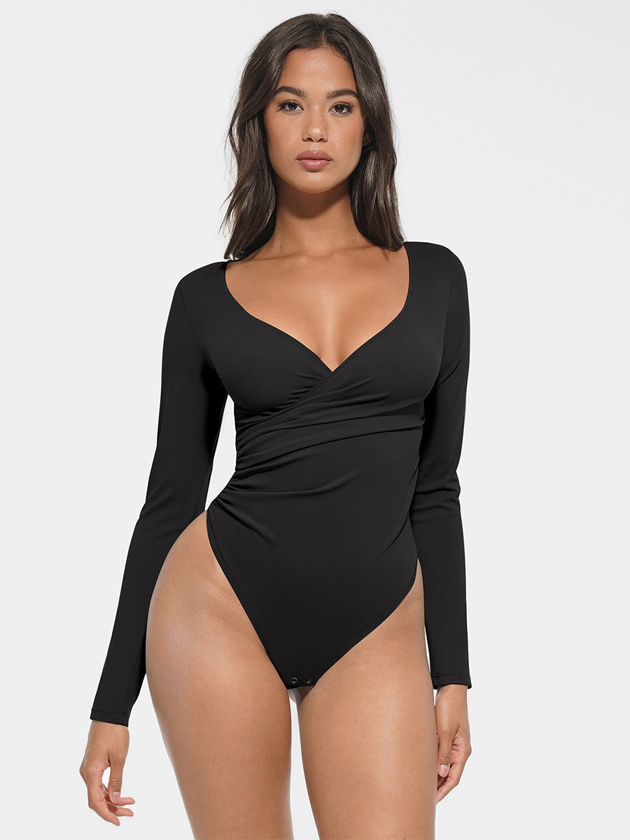 Shop Lily Silk Shape Long Sleeve Bodysuit in black, wrap-front long sleeve thong bodysuit – front view