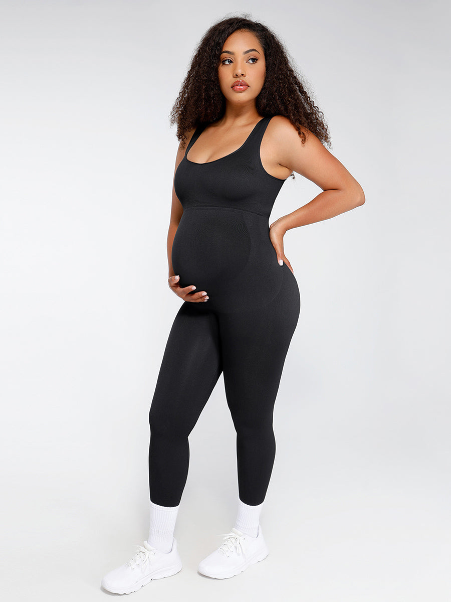Shop Lily AllDay Support Maternity Jumpsuit in black, sleeveless maternity support jumpsuit – full-length front view
