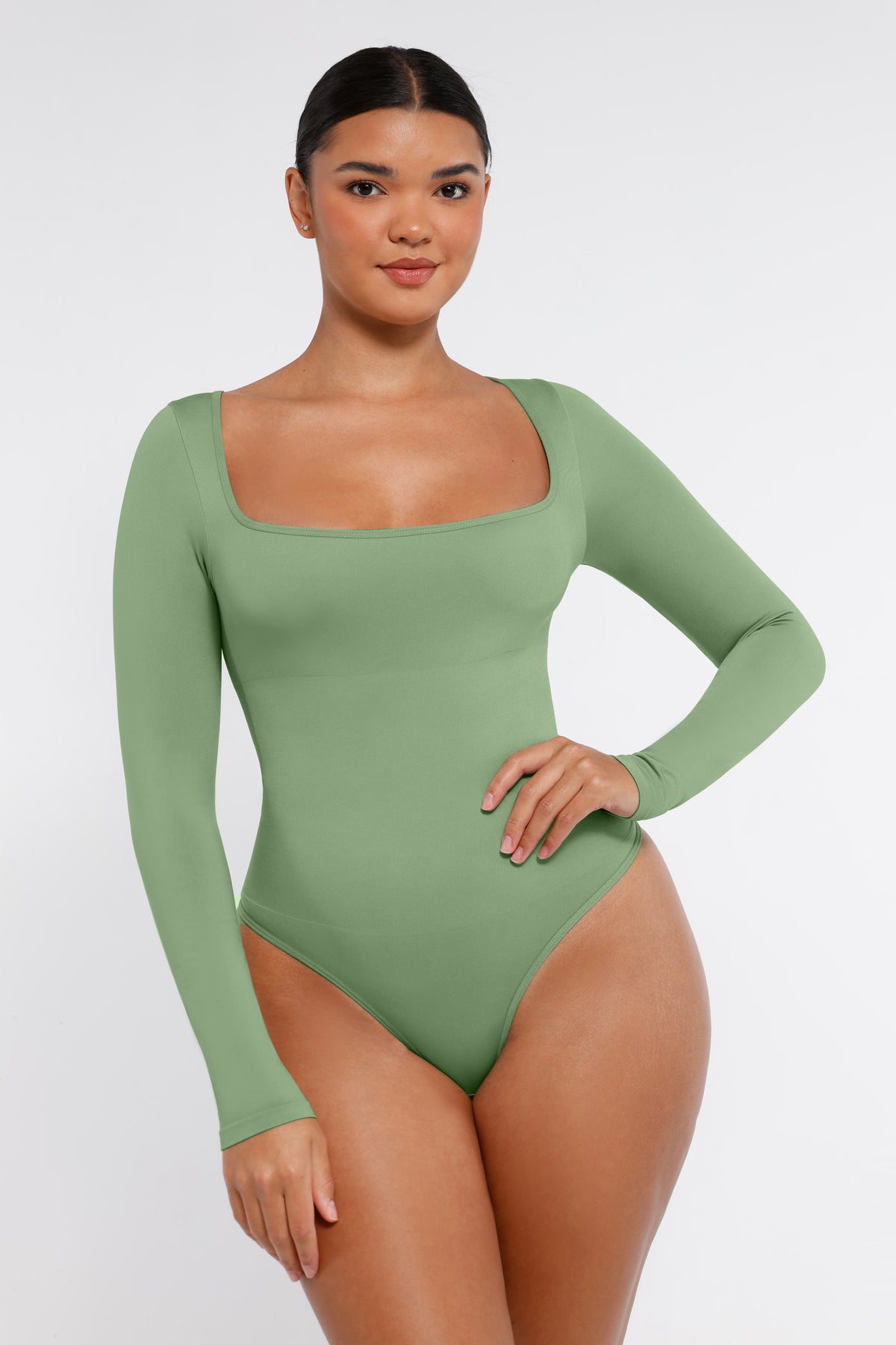 Long Sleeve Square Neck Bodysuit in olive – alternate front view