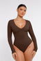 Long Sleeve Ribbed V Neck Bodysuit - Brown