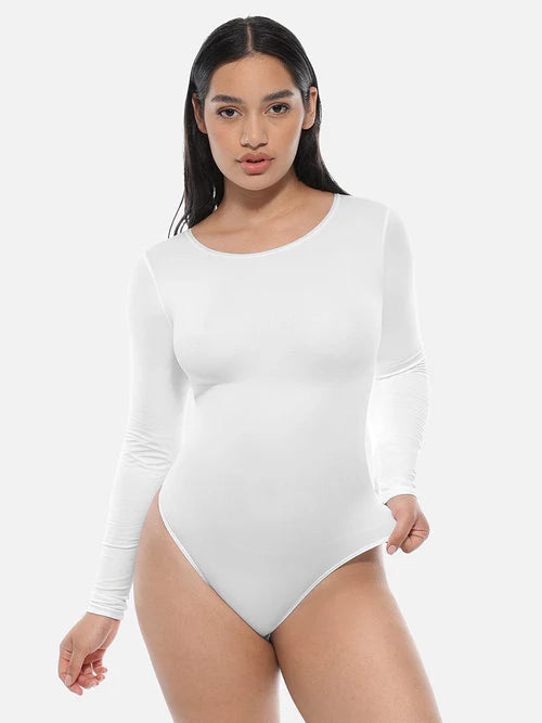Shop Lily Essential Seamless Long Sleeve Shaping Bodysuit in white, seamless long sleeve shaping thong bodysuit – front view