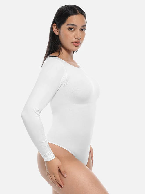 Essential Seamless Long Sleeve Shaping Bodysuit in white – side view