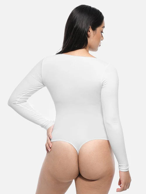 Essential Seamless Long Sleeve Shaping Bodysuit in white – back view