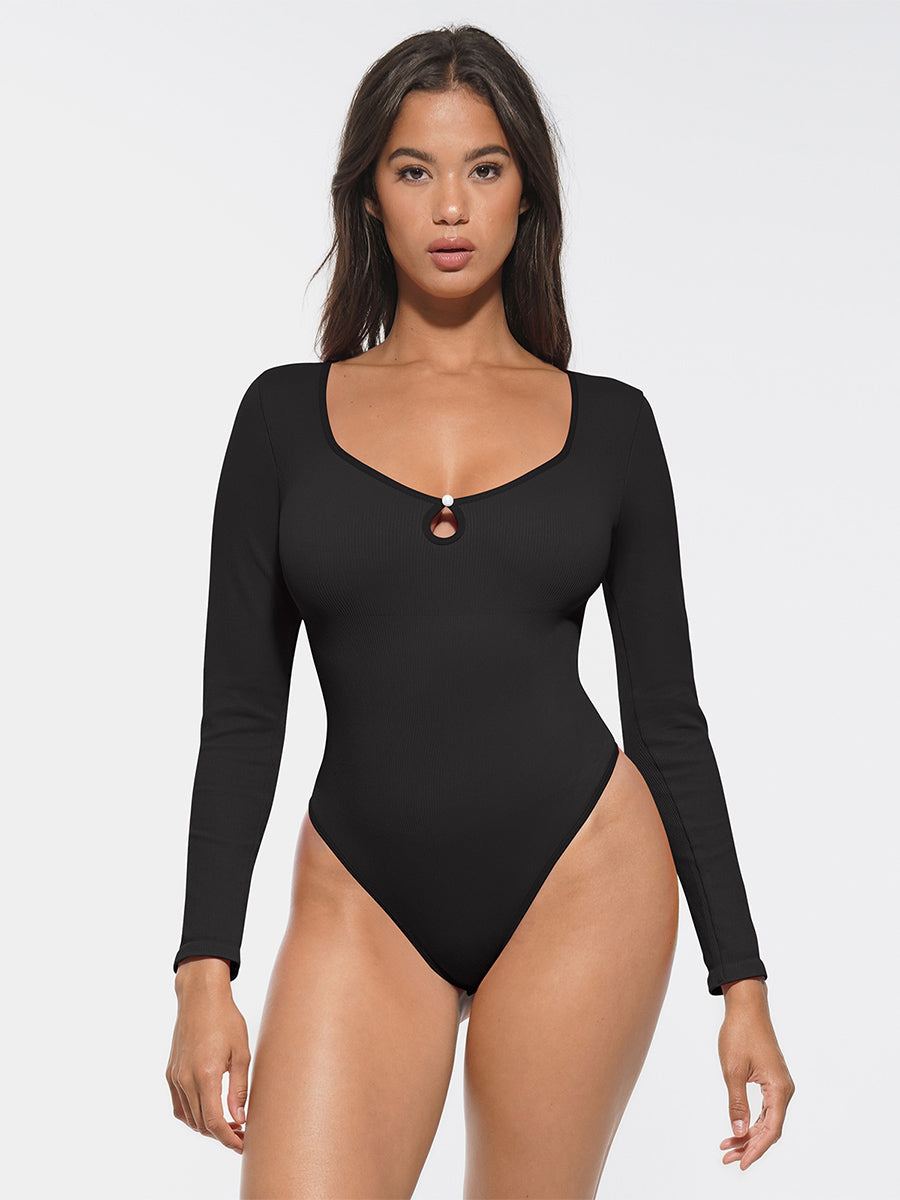 Shop Lily Essential Ribbed Long Sleeve Bodysuit in black, ribbed long sleeve thong bodysuit – front view