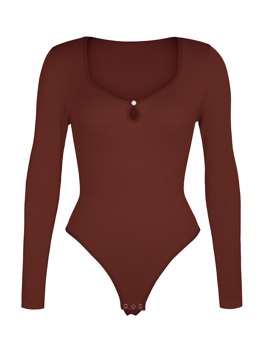 Shop Lily Essential Ribbed Long Sleeve Bodysuit in burgundy, ribbed long sleeve thong bodysuit – product shot on a plain background