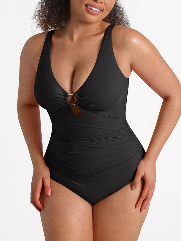 Shop Lily Soleil Sculpt Swimsuit in black, ruched plunge V-neck one-piece swimsuit – front view