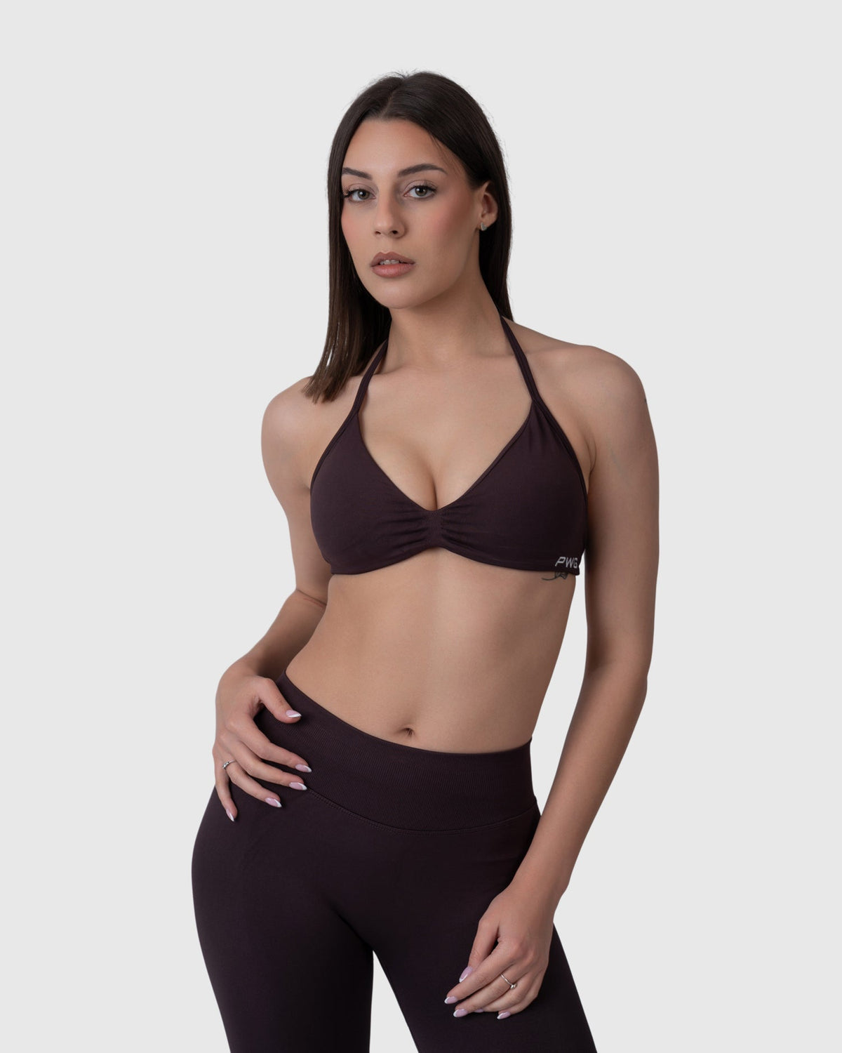 Shop Lily Form Backless Bra in mocha, halter-neck backless bra top – front view