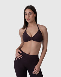 Shop Lily Form Backless Bra in mocha, halter-neck backless bra top – front view