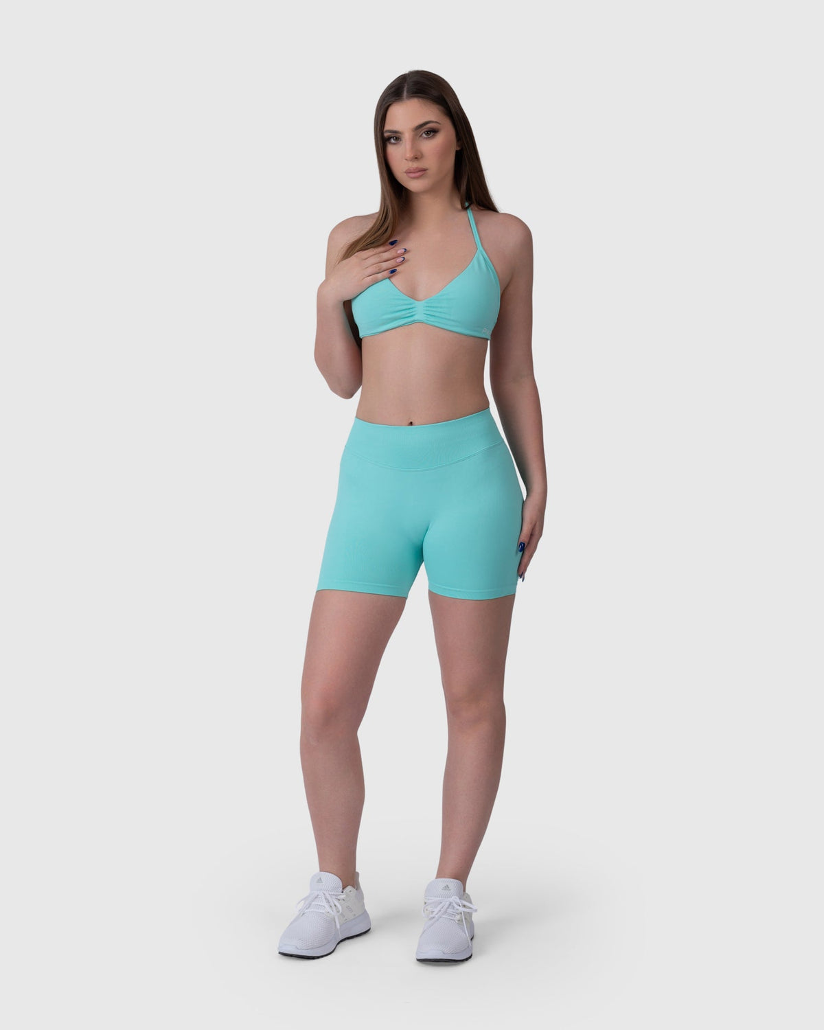 Form Sculpting Shorts in aqua – full-length front view