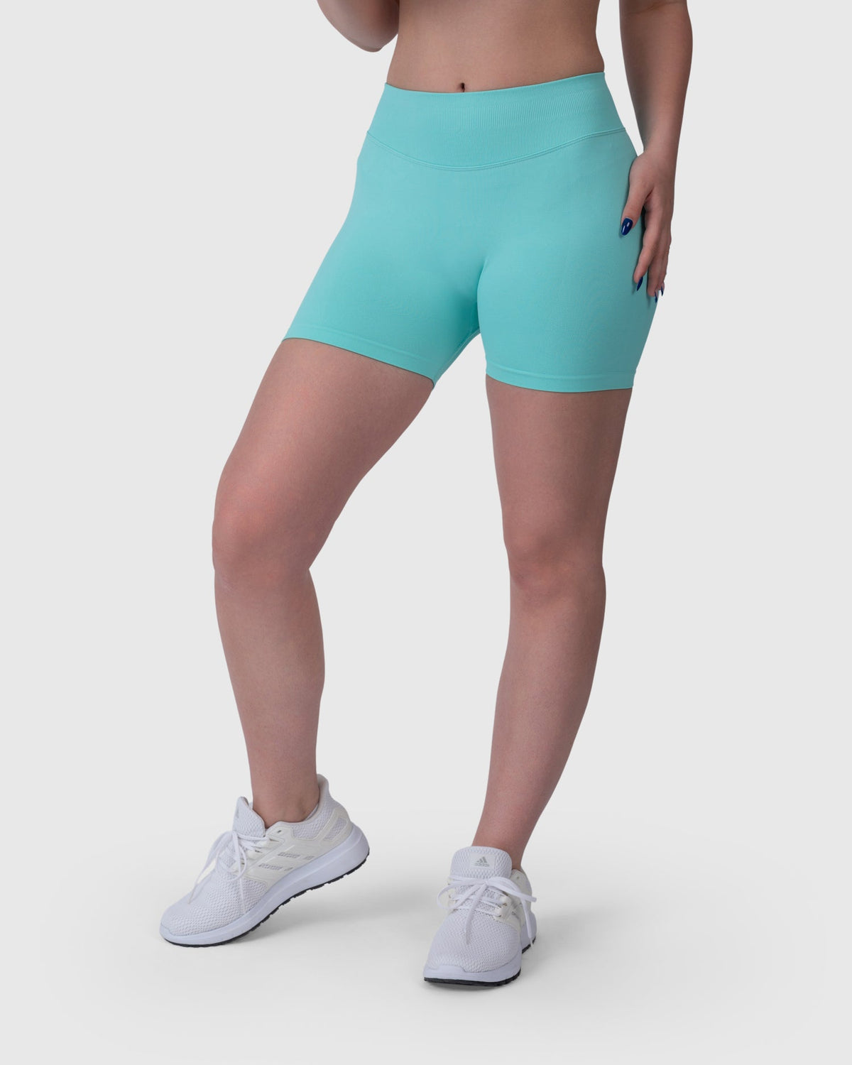 Shop Lily Form Sculpting Shorts in aqua, high-waisted sculpting biker shorts – front view