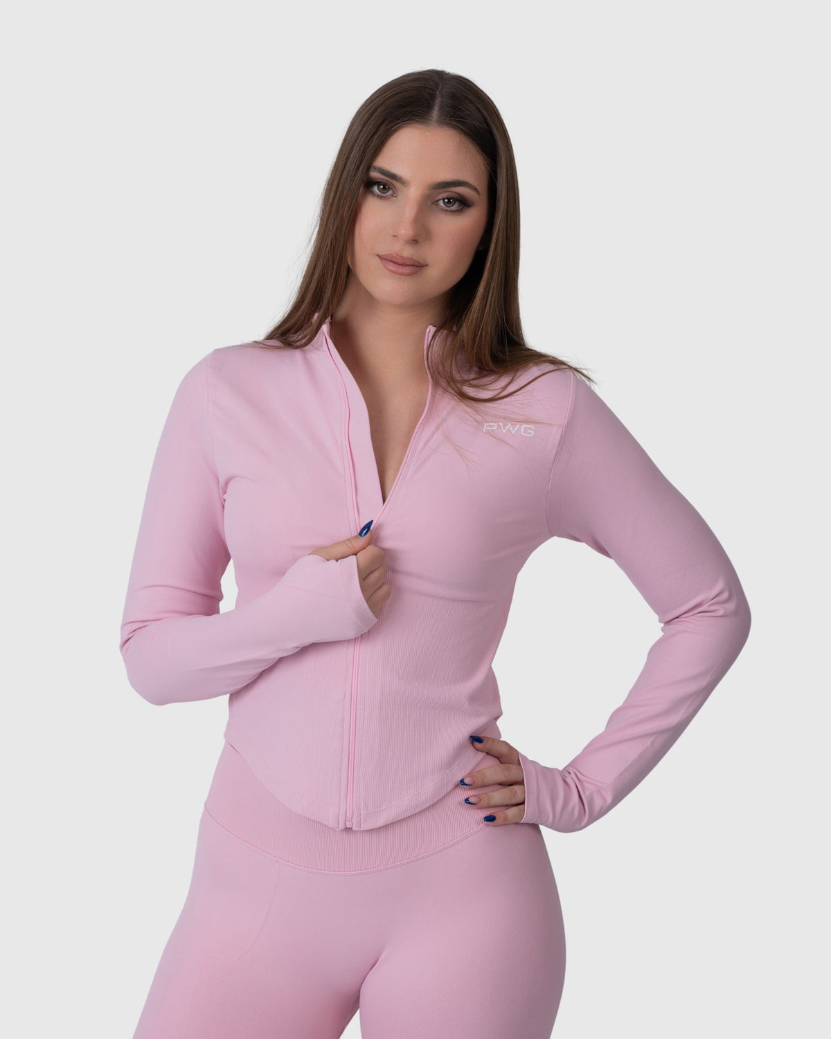 Shop Lily Form Zip Jacket in pink, fitted zip-up activewear jacket – front view