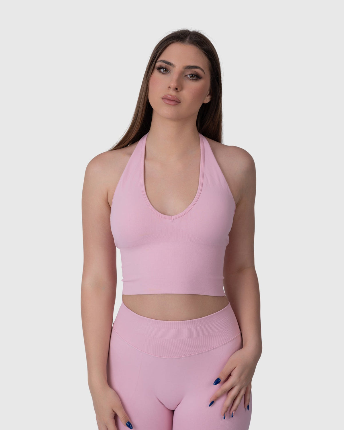 Shop Lily Form Halter Top in pink, cropped halter top – front view
