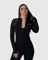 Shop Lily Form Zip Jacket in black, fitted zip-up activewear jacket – front view