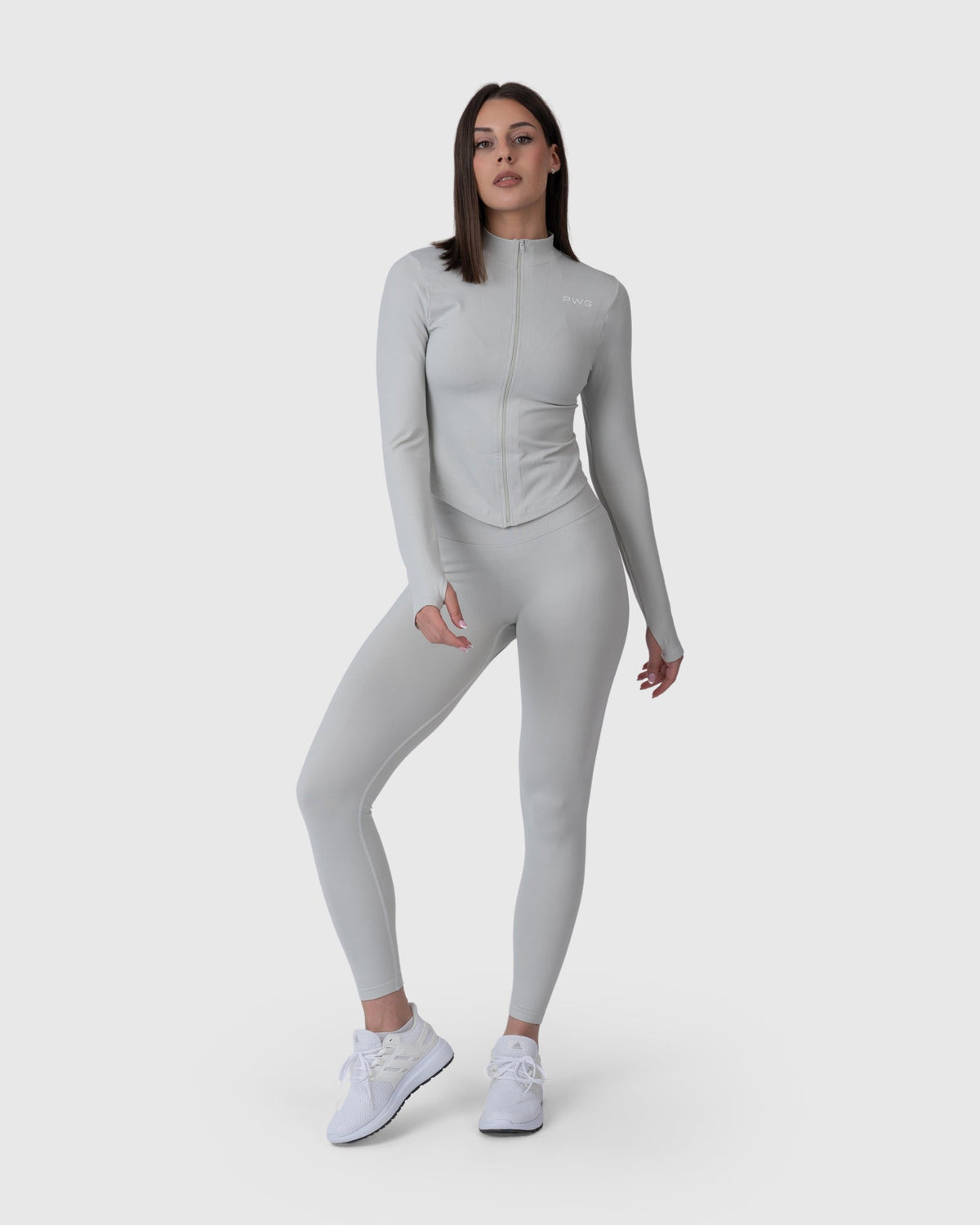 Shop Lily Form Zip Jacket in light grey, fitted zip-up activewear jacket – full-length front view