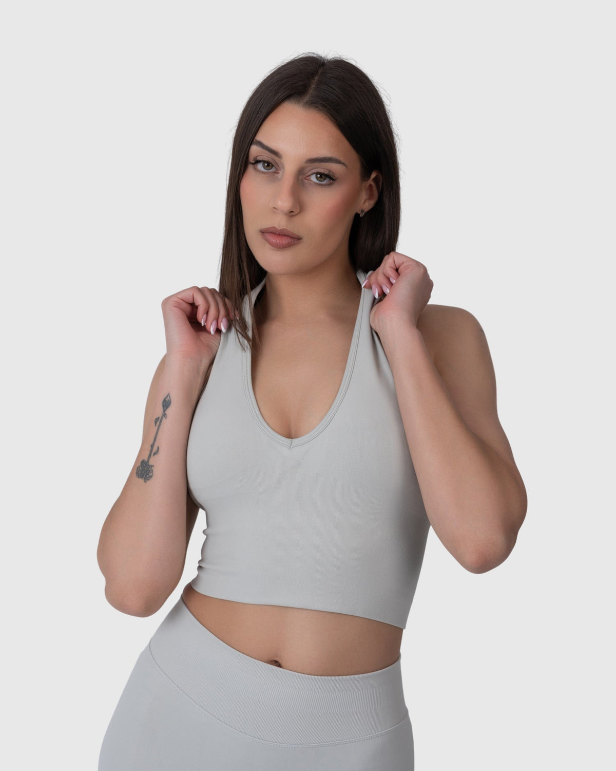Shop Lily Form Halter Top in light grey, cropped halter top – front view