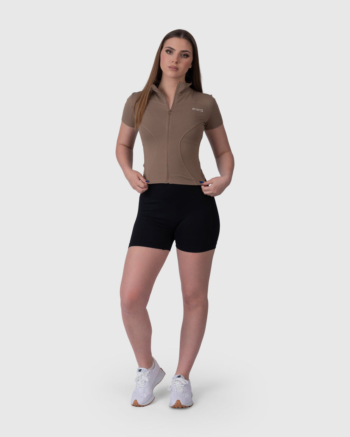 Motion Sculpt Jacket in taupe – full-length front view