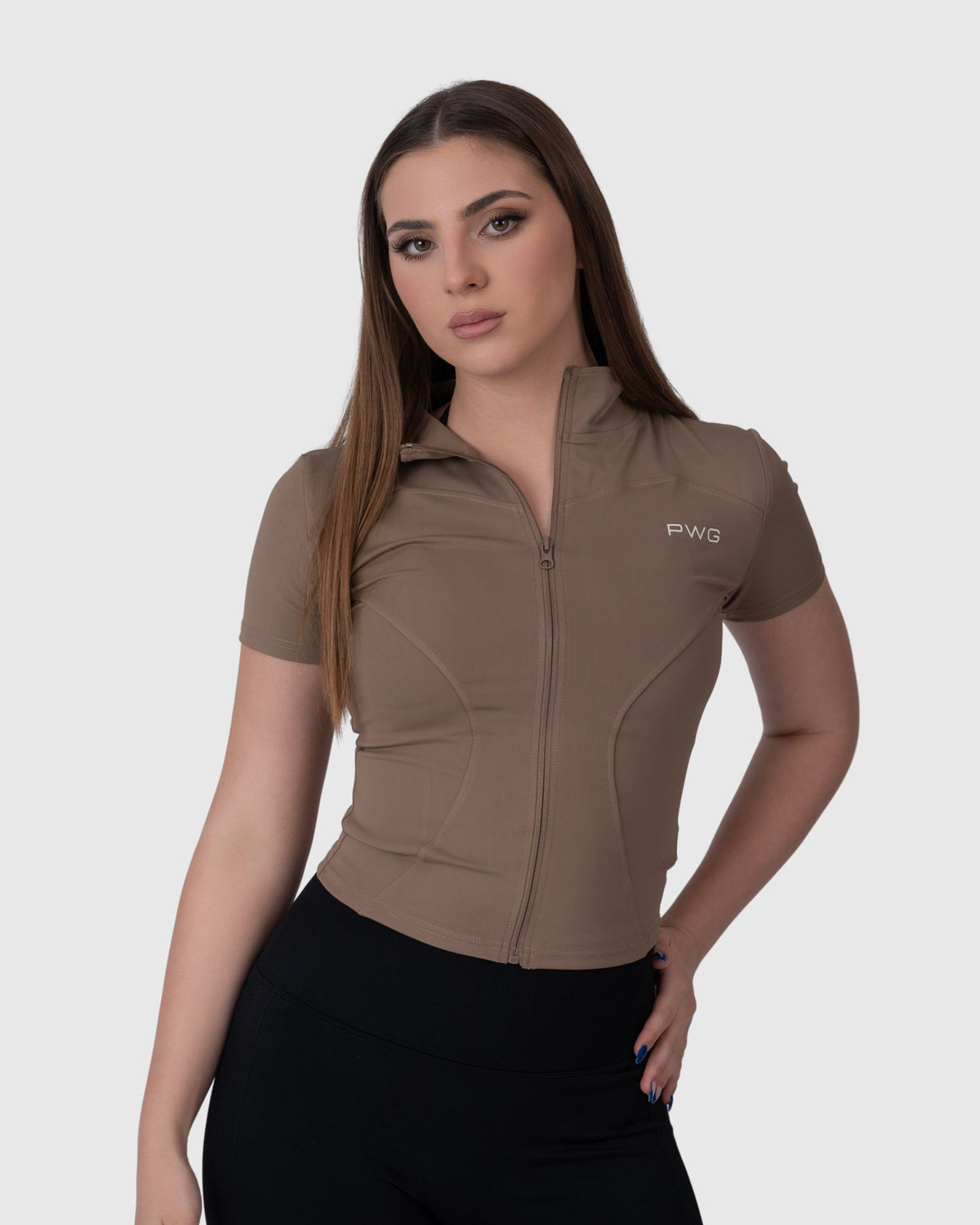 Shop Lily Motion Sculpt Jacket in taupe, short sleeve zip-up activewear top – front view