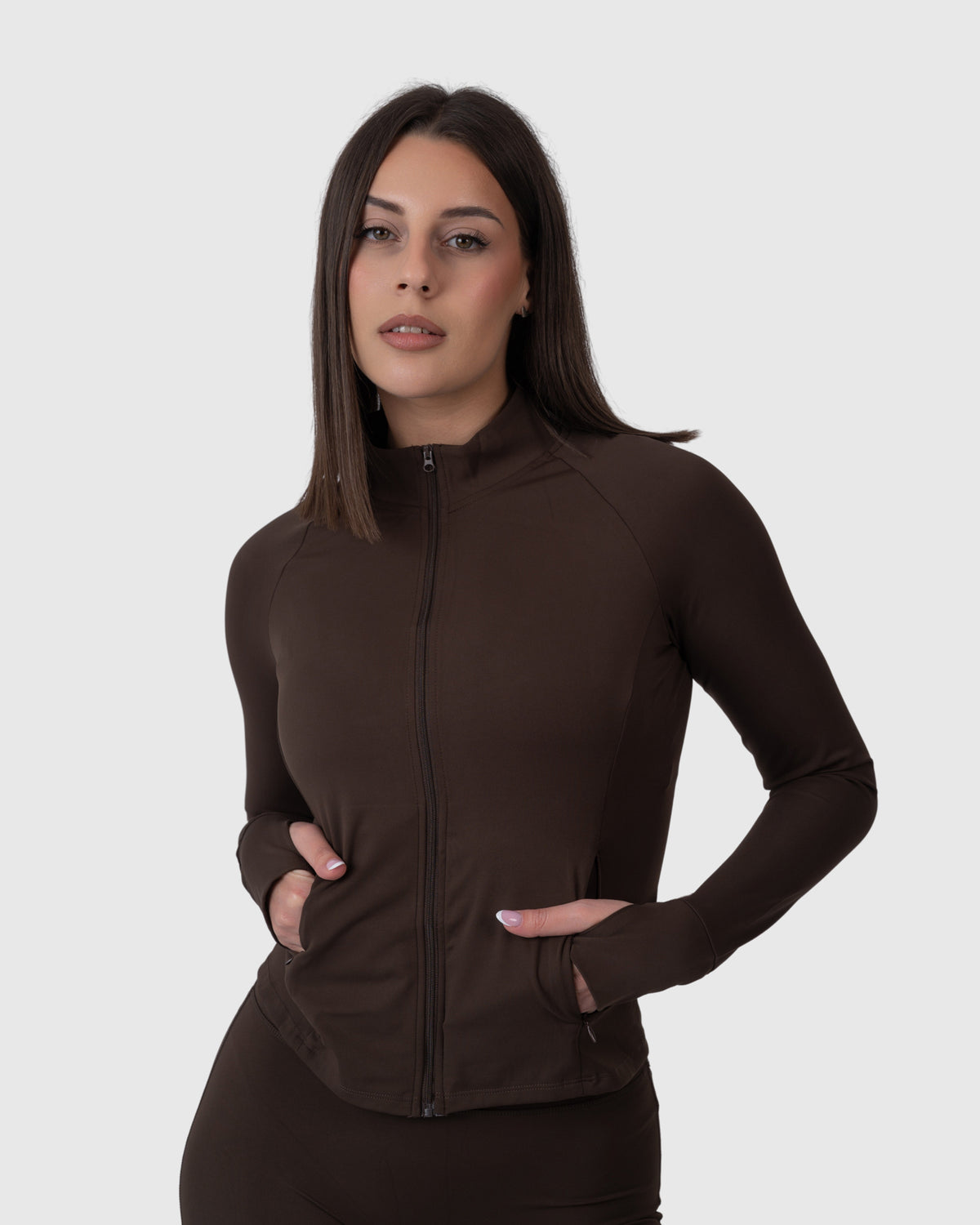 Shop Lily Align Soft Sculpt Jacket in espresso, fitted zip-up athleisure jacket – front view