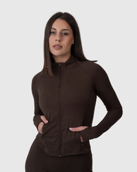 Shop Lily Align Soft Sculpt Jacket in espresso, fitted zip-up athleisure jacket – front view