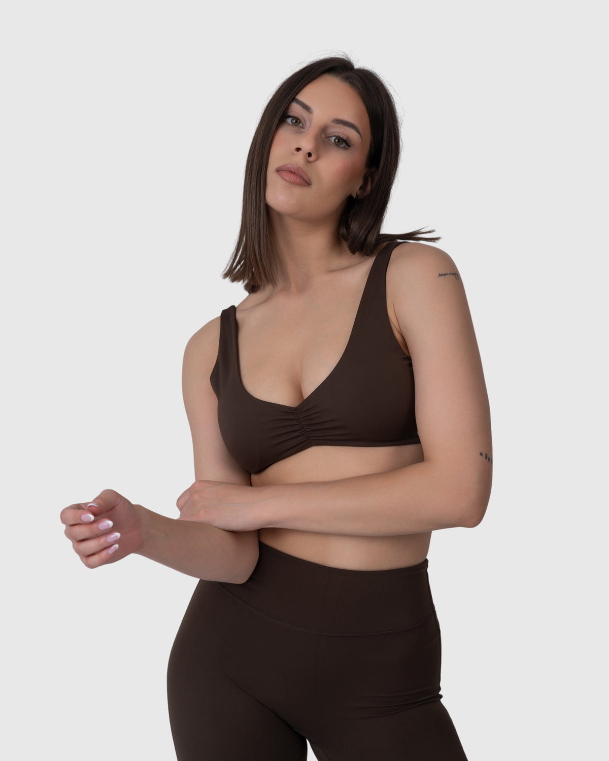 Align Soft Twist Sports Bra in espresso – alternate front view