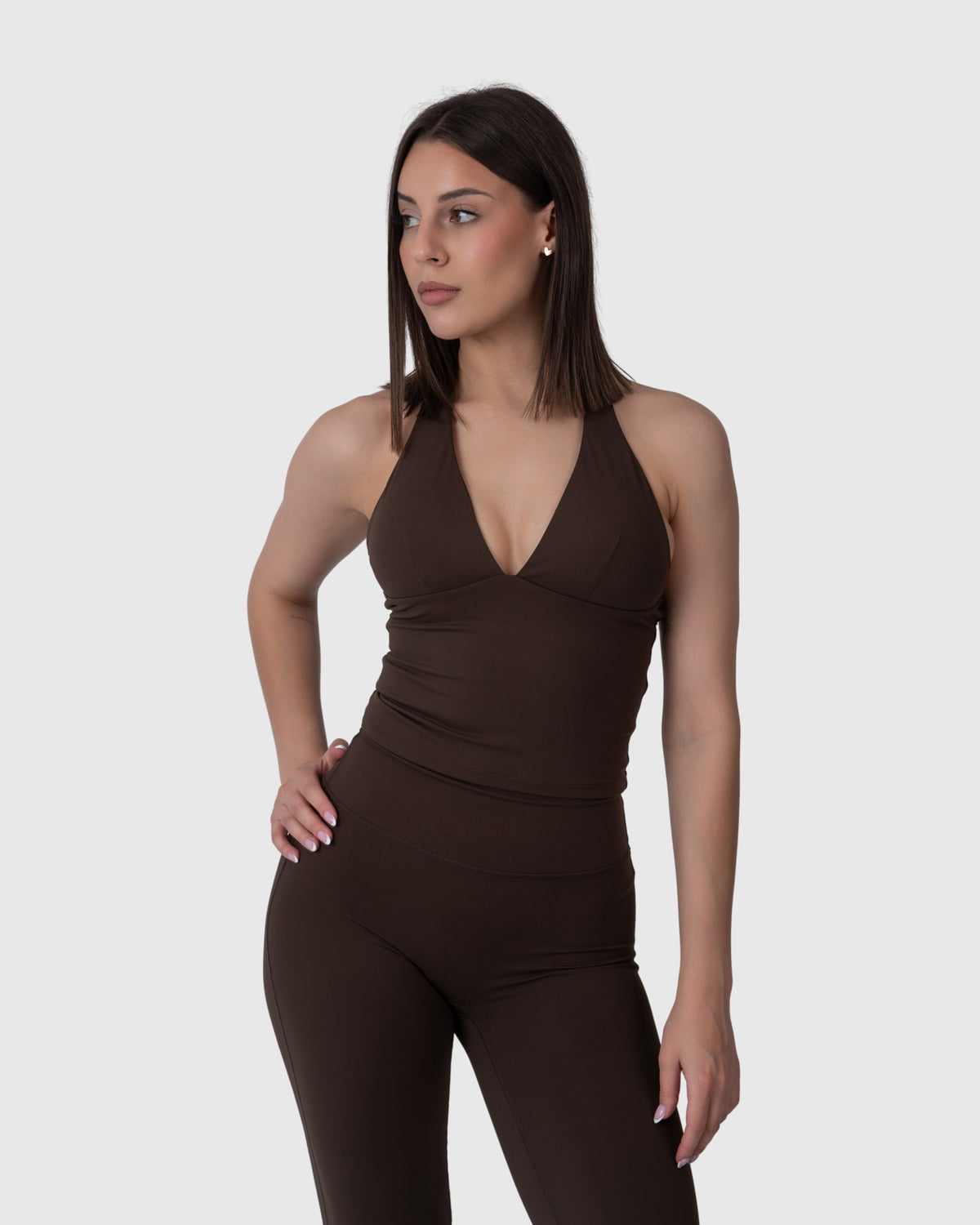 Align Soft Halter Top in espresso – front view