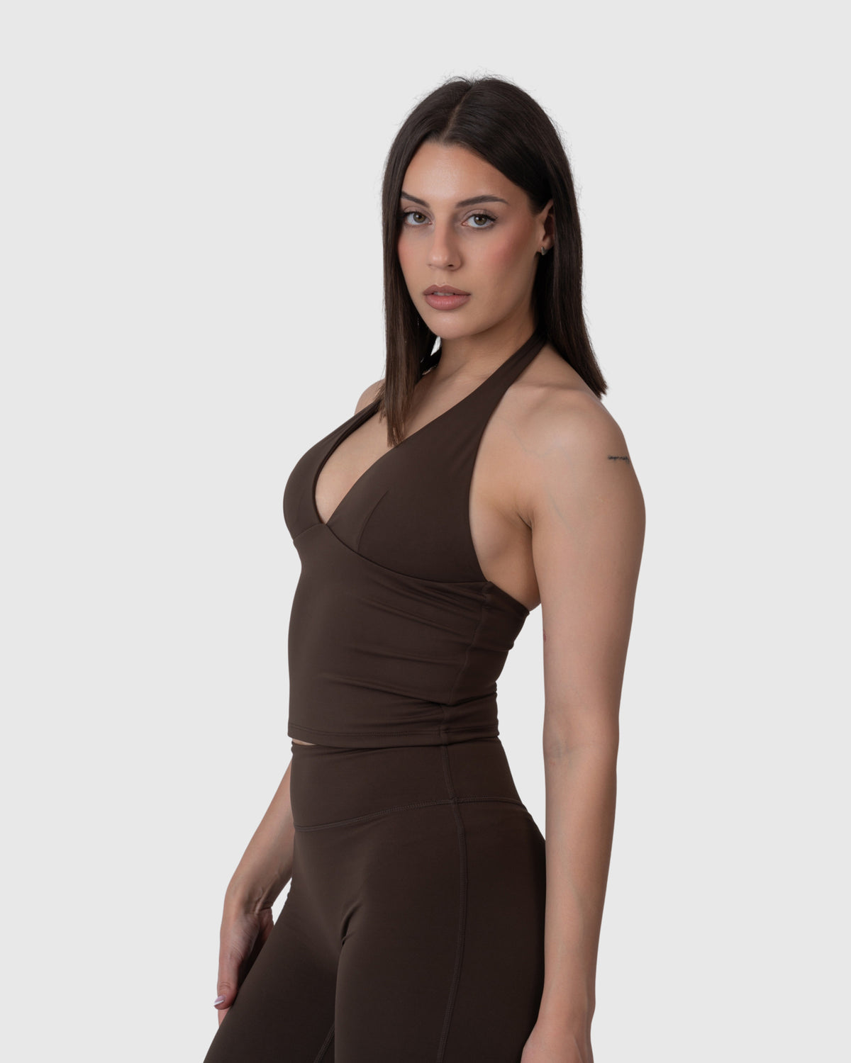 Align Soft Halter Top in espresso – three-quarter view