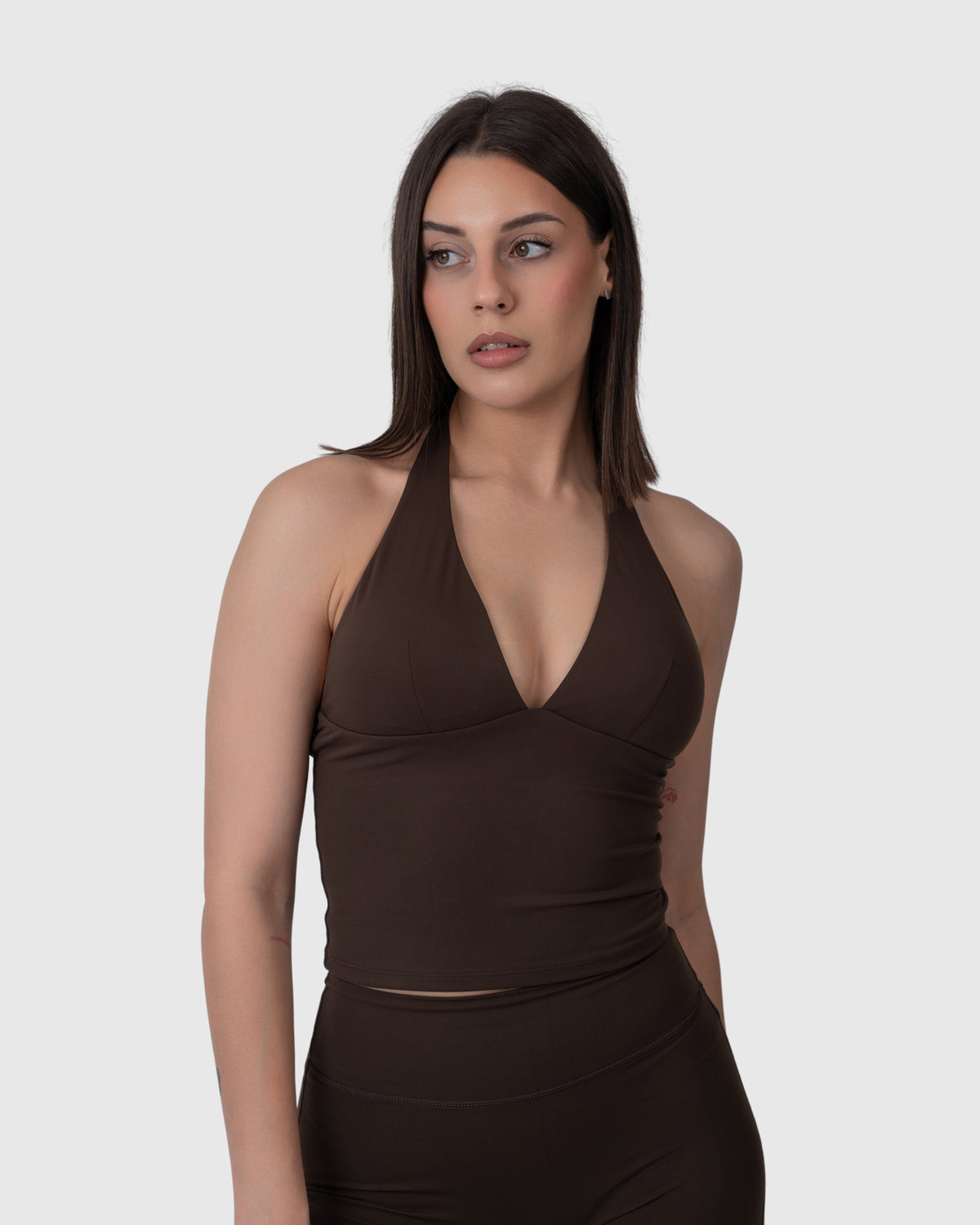 Align Soft Halter Top in espresso – alternate front view