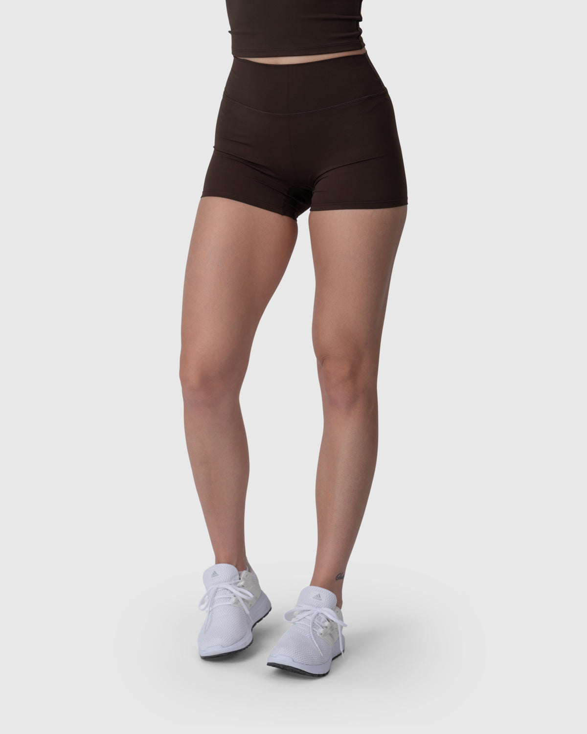 Shop Lily Align Soft Shorts in espresso, high-waisted athleisure shorts – front view