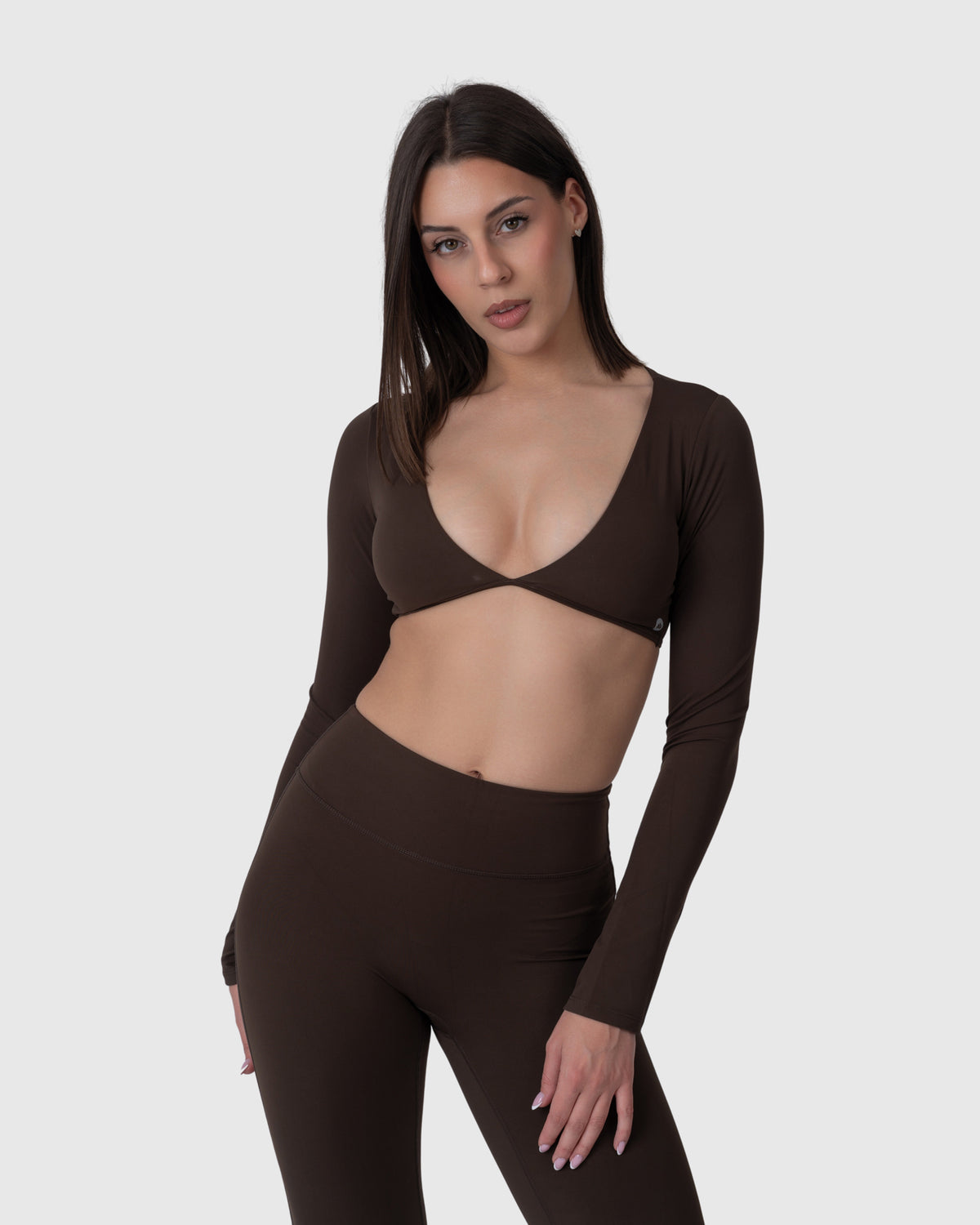 Shop Lily Align Soft Long Sleeve Top in espresso, cropped long sleeve wrap top – front view