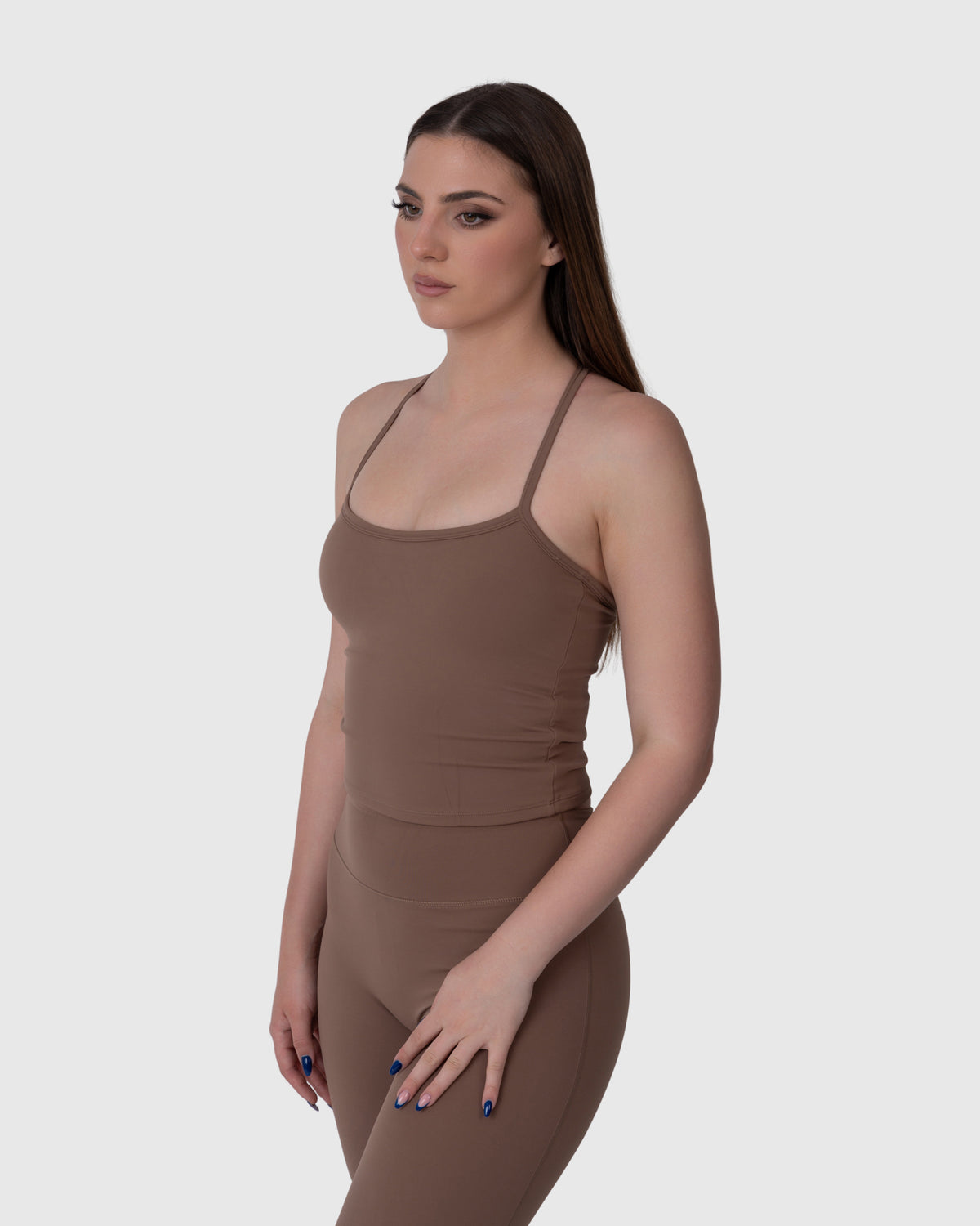 Shop Lily Align Racer Back Top in caramel, strappy racer back tank top – front view