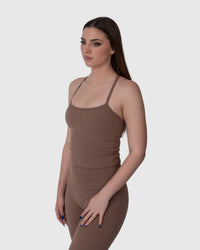 Shop Lily Align Racer Back Top in caramel, strappy racer back tank top – front view